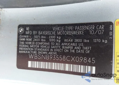 2008 BMW M5 from USA, damaged, VIN WBSNB93558CX09845